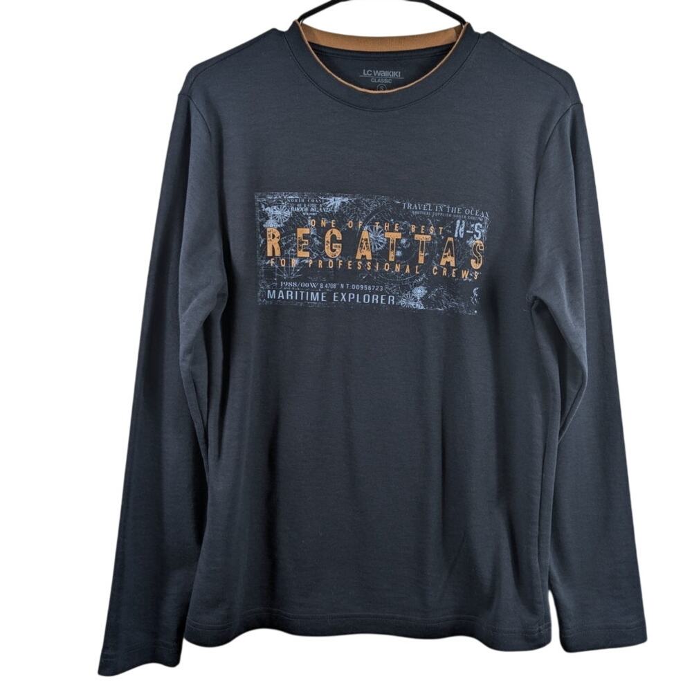 LC Waikiki Classic Mens Small Long Sleeve Graphic Tee Navy Regattas Maritime